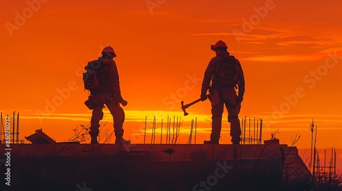 Two construction workers on a rooftop, silhouetted against an orange sky. One worker is on the left, carrying a hammer and standing on a concrete form. The other worker is on the right, facing left.