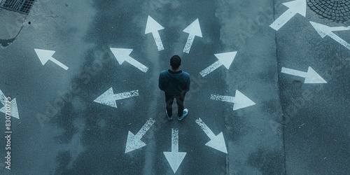 A person stands in the middle of a road surrounded by numerous white arrow signs pointing in different directions, representing choices, decisions, and life paths. photo