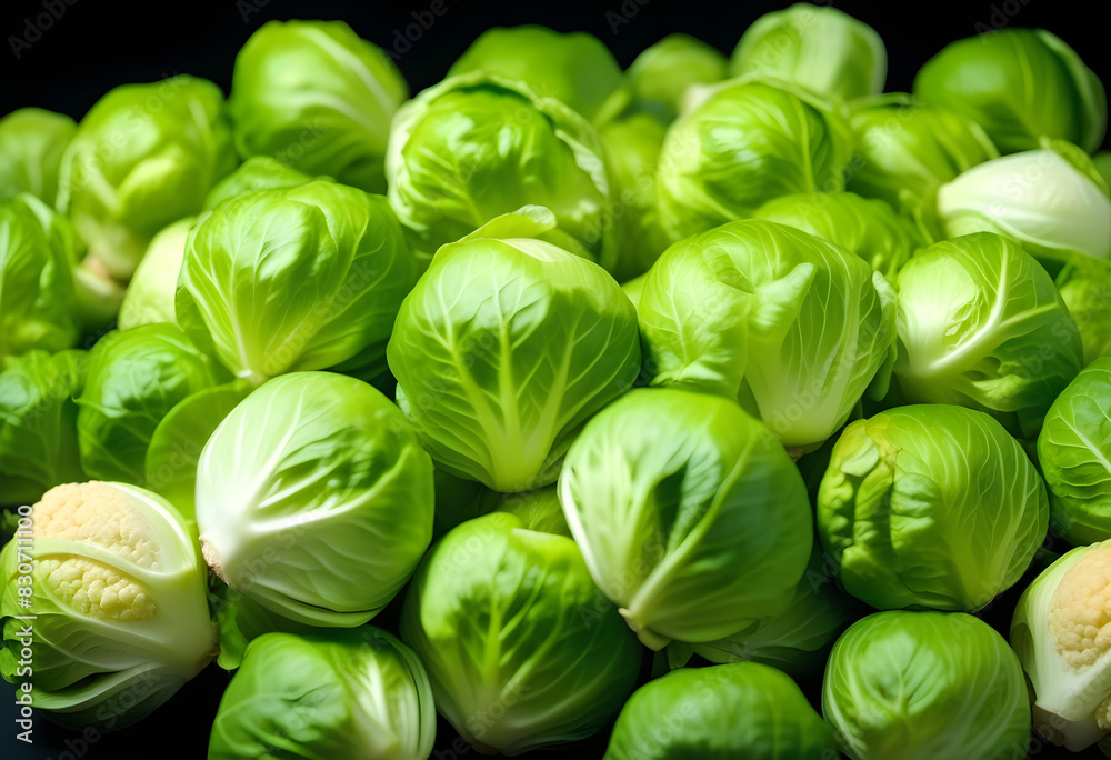 A close-up photo of a pile of Brussels sprouts on a black background A close-up photo of a pile of Brussels sprouts on a black background