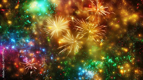 Colorful New Year firework wallpaper with golden display on dark background © 2rogan