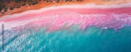 Aerial drone view of the pink and blue coloured Lake MacDonnell in Eyre Peninsula, South Australia, Australia.