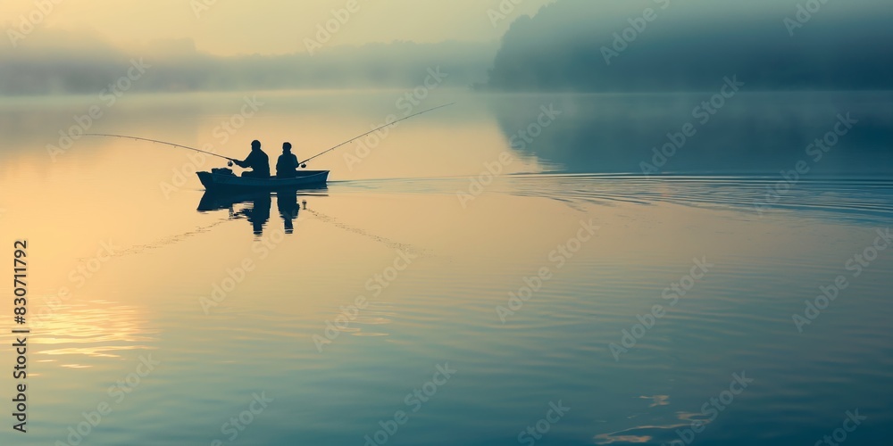 In the early morning mist, two people fish peacefully from a small boat on a calm lake, surrounded by nature's stillness and the rising sun's gentle light, reflecting a moment of serene bonding. In the early morning mist, two people fish peacefully from a small boat on a calm lake, surrounded by nature's stillness and the rising sun's gentle light, reflecting a moment of serene bonding.