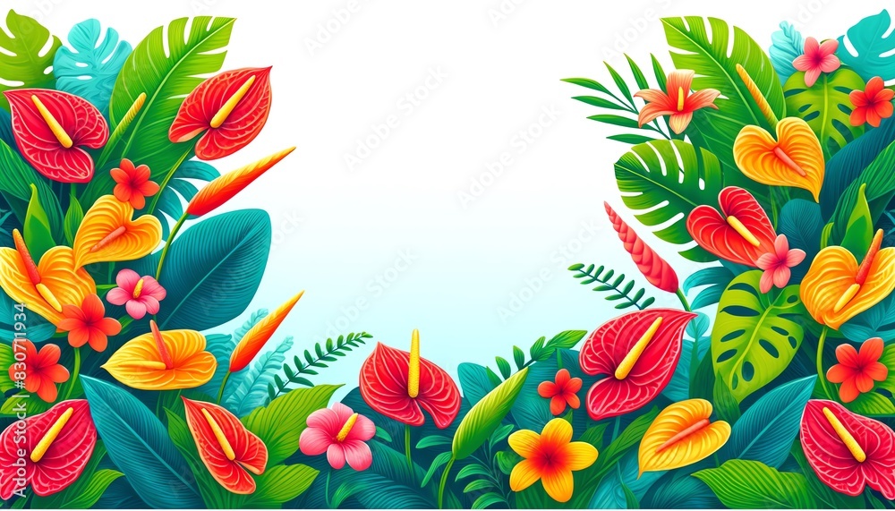 A vibrant and colorful border illustration with Anthurium flowers, lush green leaves and other tropical flowers