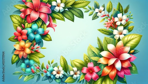 A vibrant and colorful border illustration with Arabian jasmine, lush green leaves and other tropical flowersjpg photo