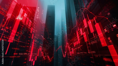 Investing, trading and real estate market crisis concept with digital red financial chart candlestick and graphs on modern skyscraper tops bottom view background, double exposure  photo