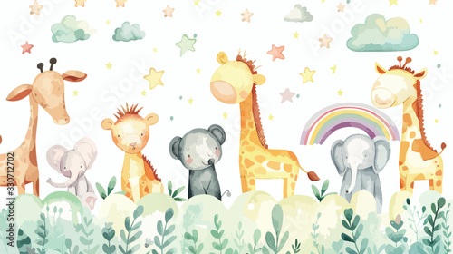 Watercolor illustration cute safari animals with rain