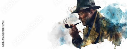 A watercolor painting of a man wearing a fedora and smoking a pipe photo