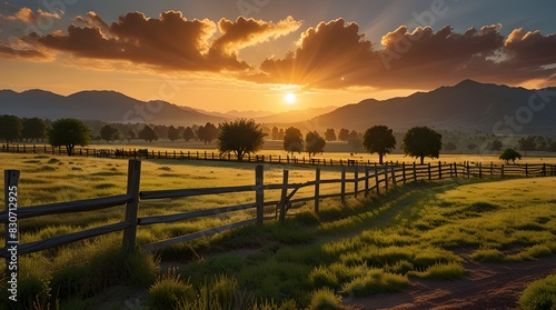 Picturesque landscape, fenced ranch at sunrise.A field of grass and cows in College Station, Brazos county is illustrated with a tractor resting beside a large tree in this Texas meadow as seen throug