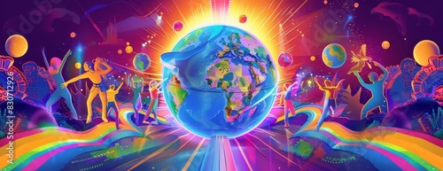 A group of diverse people dancing and celebrating around the world