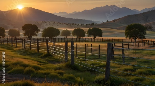 Picturesque landscape, fenced ranch at sunrise.A field of grass and cows in College Station, Brazos county is illustrated with a tractor resting beside a large tree in this Texas meadow as seen throug