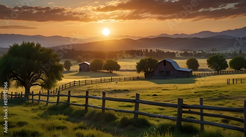Picturesque landscape, fenced ranch at sunrise.A field of grass and cows in College Station, Brazos county is illustrated with a tractor resting beside a large tree in this Texas meadow as seen throug