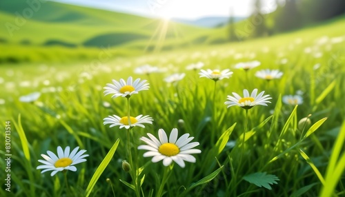 Beautiful  natural landscape with blooming field of daisies in the grass 