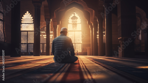 A man sits in a mosque with the sun shining behind him. photo