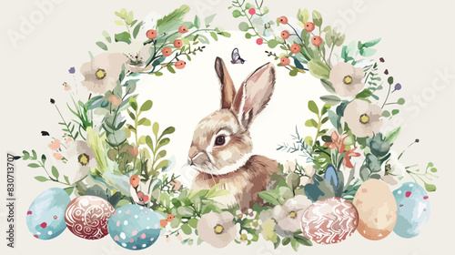 Watercolor Illustration Easter wreath with rabbit and