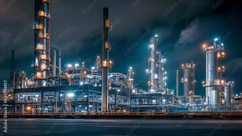 Aerial view of chemical oil refinery plant at night scene. Oil refinery plant of petrochemistry industry Aerial view of chemical oil refinery plant at night scene. Oil refinery plant of petrochemistry industry