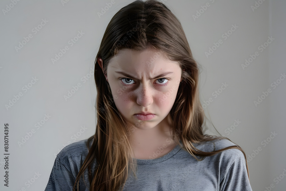 Fototapeta premium teenage girl with an angry and defiant expression in front of white backdrop. generative ai