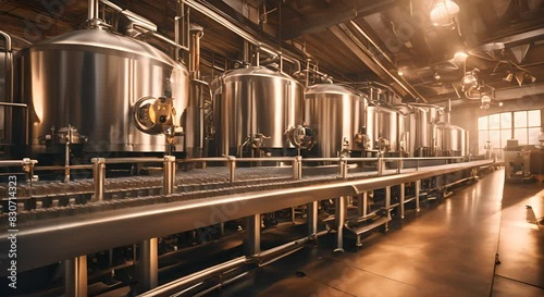 Brewery scene with beer bottles filling on conveyor dynamic angle detailed machinery photo