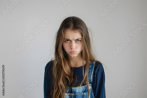 teenage girl with an angry and defiant expression in front of white backdrop. generative ai