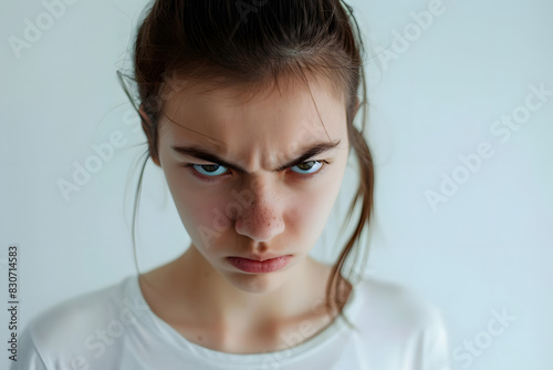 teenage girl with an angry and defiant expression in front of white backdrop. generative ai photo