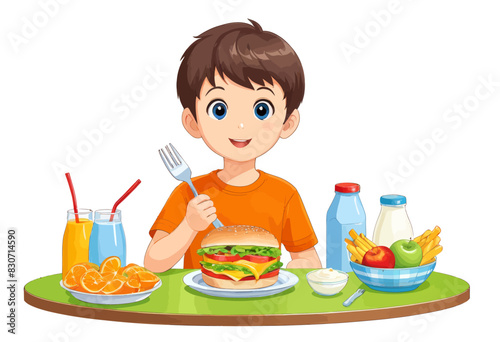 a boy sitting at a table with a plate of food