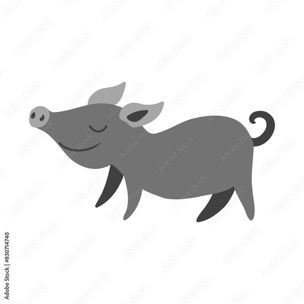 Cartoon cute black pig isolated on white background, colorful vector illustration farmer domestic animal, Character design for greeting card, children invitation, creation of zoo alphabet, baby shower