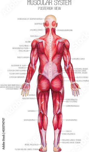Detailed watercolor anatomical illustration of a male human muscular system