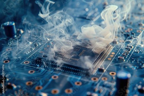Circuit board with smoke from gooey tin is being emanated by an electrical tool.