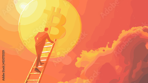  Businessman climbing ladder on Bitcoin symbolizing future of cryptocurrency investment and financial opportunities, using spyglass to see potential.