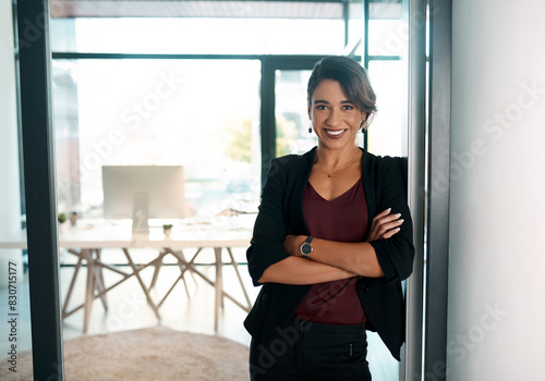 Obraz na plátne Business, woman and confident with portrait in office with happiness for career in corporate advisory and management