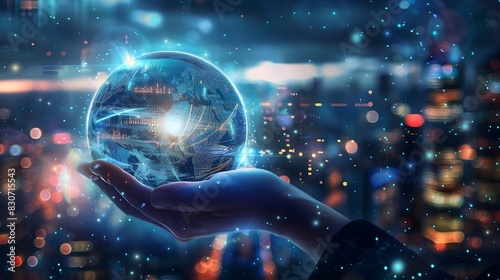 a hand holding a transparent globe with digital and network connections overlaying a cityscape at night