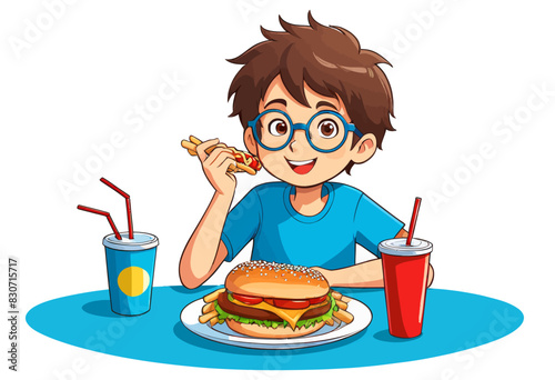 a boy eating a hamburger and drinking a soda