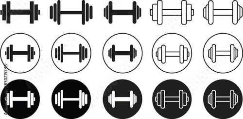 Set of Gym heavy strength training dumbbells pictogram. Weight lifting dumbbell signs editable stock. Dumbbells icons in Black flat styles. Vectors for sports hall isolated on transparent background.