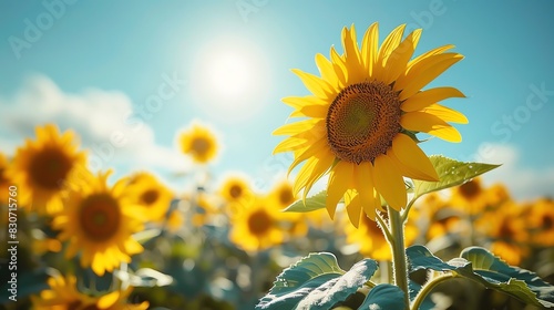 Bright yellow sunflower basking in the sunlight on a clear day with vibrant blue sky and more sunflowers in the background.