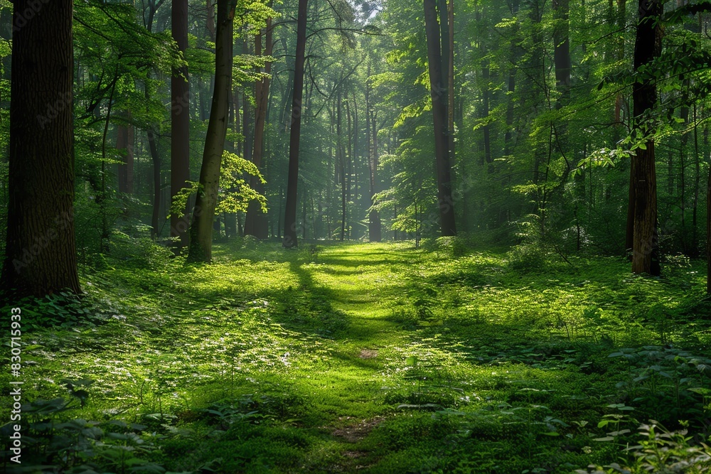 Obraz premium Sunlight filters through a lush, green forest creating a serene and peaceful atmosphere, perfect for nature and outdoor enthusiasts.