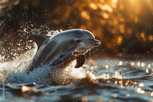 Vibrant dolphin leaping out of water with golden sunlight, showcasing marine life and natural beauty in a breathtaking moment. © ratchanon