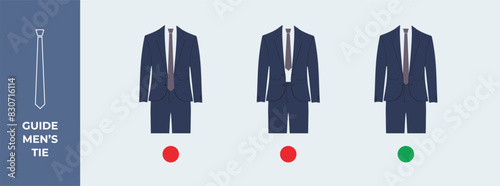 Men's suits. Ideal length for a tie. Correct Tie Length. Tie your tie correctly. Colored flat vector illustration. Isolated. Business suits. Gentleman's outfit.
