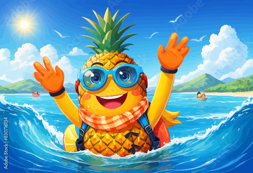 a cartoon pineapple wearing goggles in the ocean