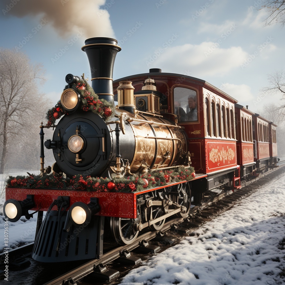 Naklejka premium A Steam Train Chugging Through a Snow Covered Forest