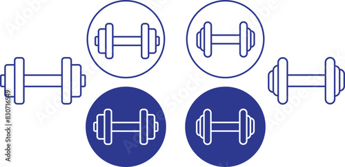 Set of Gym heavy strength training dumbbells pictogram. Weight lifting dumbbell signs editable stock. Dumbbells icons in Blue line styles. Vectors for sports hall isolated on transparent background.