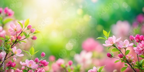 Spring Blossoms Blur: A pink and green blurred background that suggests blooming flowers and fresh greenery, suitable for spring themes.  © No