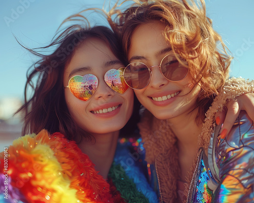 Lesbian women wearing rainbow sunglasses shape heart, celebrating festive event photo