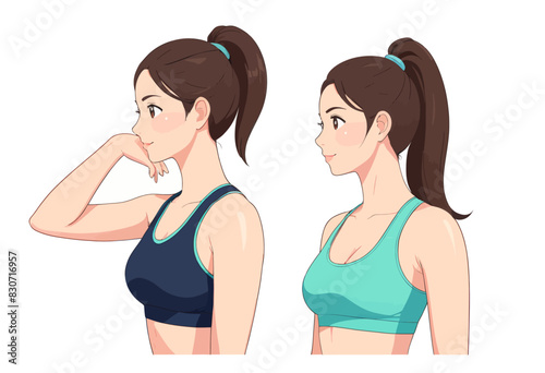 a woman in a sports bra top with her hand on her chin