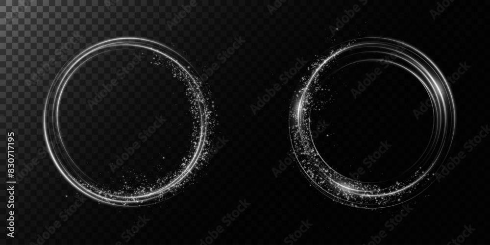 A magical portals on the night scene. White round holograms with beams of light and sparks. Glowing futuristic teleportation tunnel with a copy of space on a black background. A magical portals on the night scene. White round holograms with beams of light and sparks. Glowing futuristic teleportation tunnel with a copy of space on a black background.