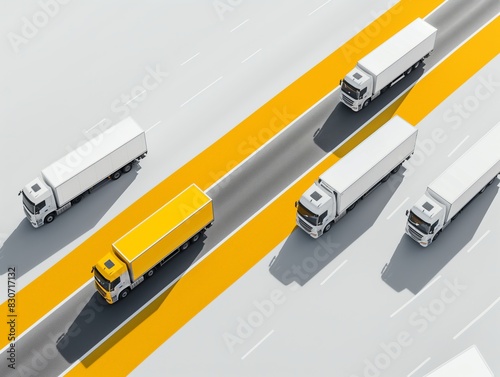 A yellow truck leads four white trucks on a multi-lane highway with yellow lanes, viewed from above. photo