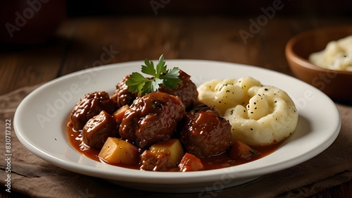 "Experience the rich flavors of Czech beef goulash, simmered to perfection with paprika and caraway seeds. Served with soft and fluffy bread dumplings and topped with a sprinkle of fresh parsley. 