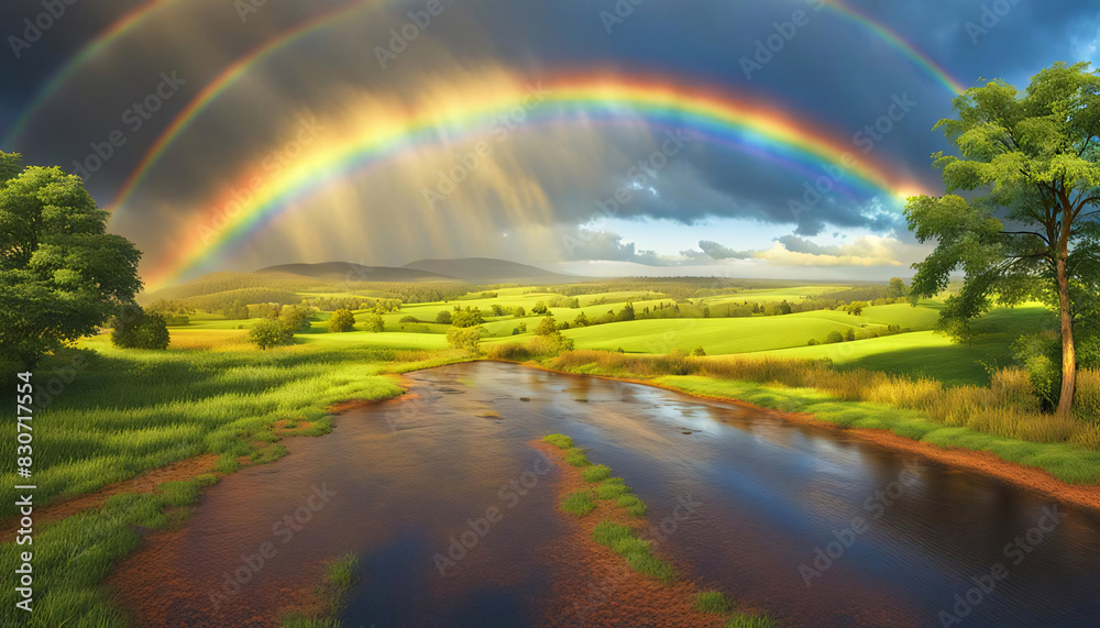 Radiant Spectrum: Rainbow Arching Over Scenic Countryside Landscape Radiant Spectrum: Rainbow Arching Over Scenic Countryside Landscape