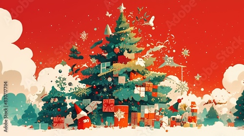 A festive Christmas tree packaged in a box complete with a charming 2d illustration photo