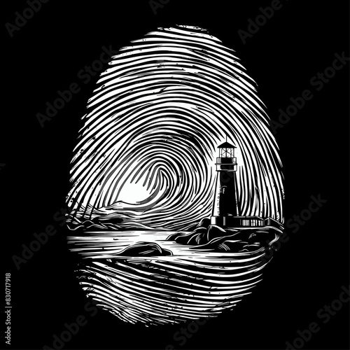 fingerprint illustration with lighthouse