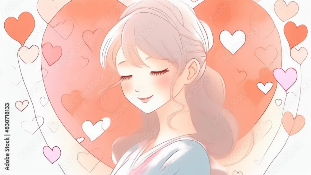A smiling anime girl with white hair and rosy cheeks, set against a background filled with heart shapes. Her eyes are closed, adding to the sweet and serene atmosphere. A smiling anime girl with white hair and rosy cheeks, set against a background filled with heart shapes. Her eyes are closed, adding to the sweet and serene atmosphere.