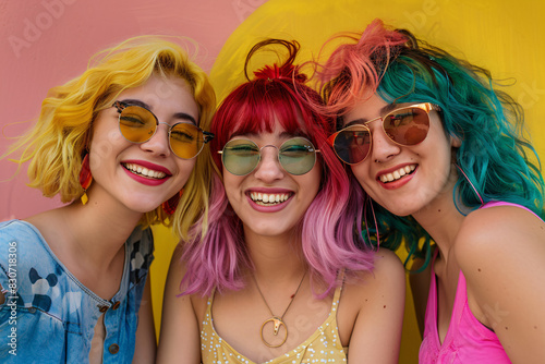 Vibrant trio  fashionable friends with colorful hair